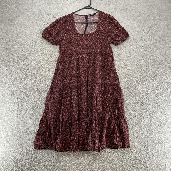 Madewell Dresses & Skirts - Madewell Midi Dress Womens 6 Rust Floral Square Neck Puff Sleeve Tiered Babydoll